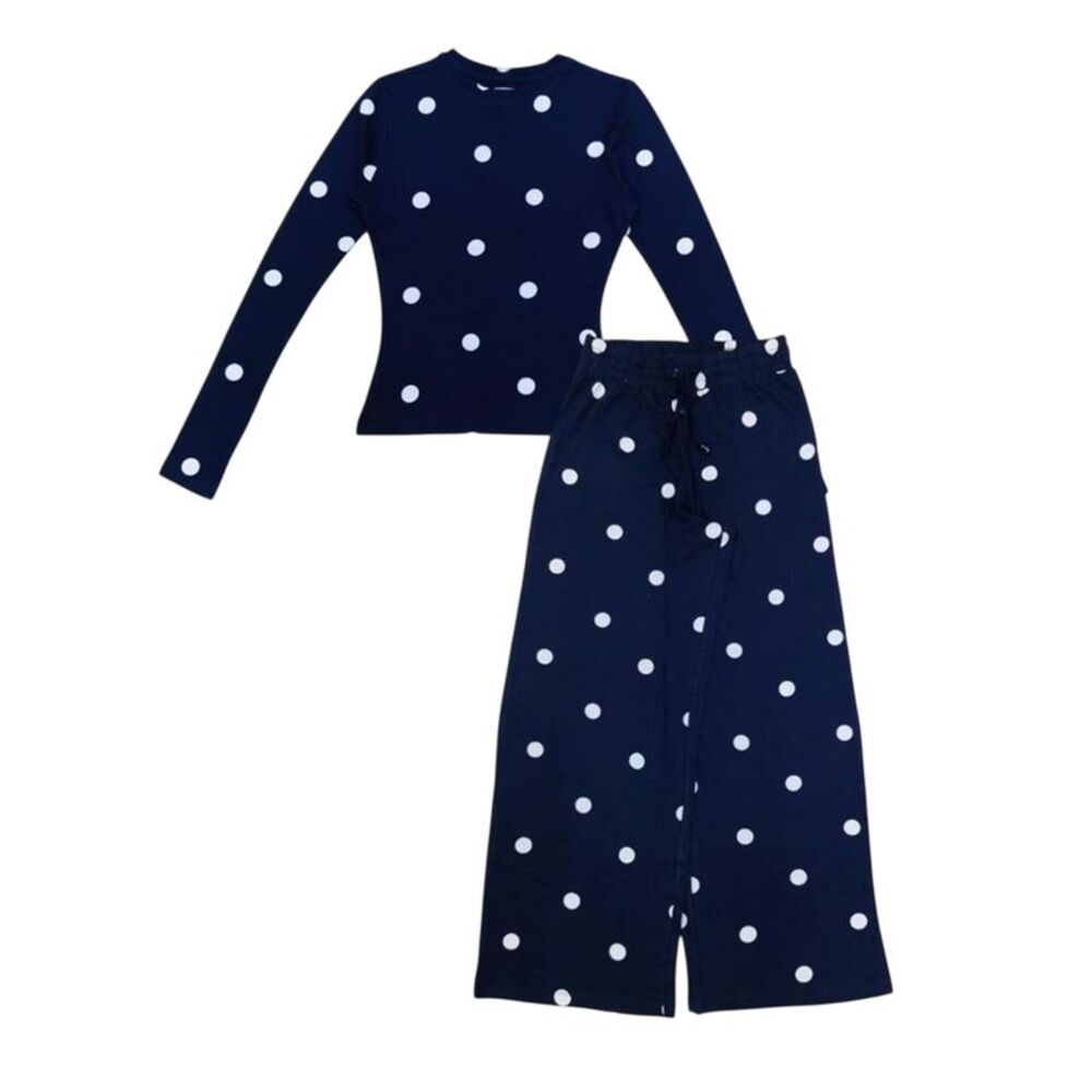 Linea Womens/Ladies Polka Dot Cotton Long Pyjama Set / Navy